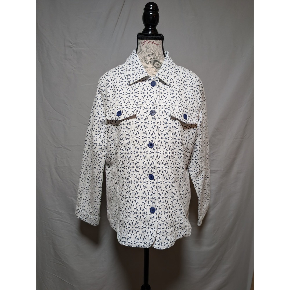 Joni B Women's Navy White‎ Eyelet Button Jacket Floral Cutout Shacket Size Large